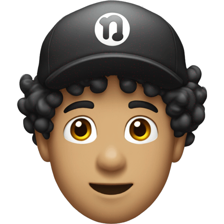 light skinned person with BLACK curly hair and Super Mario's cap emoji