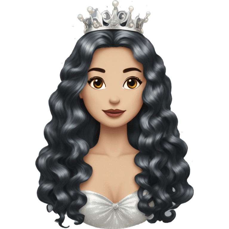 Regal pretty lady cheekbones crown vintage with very long iridescent black and silver hair wavy black hair pearl crown iridescent emoji