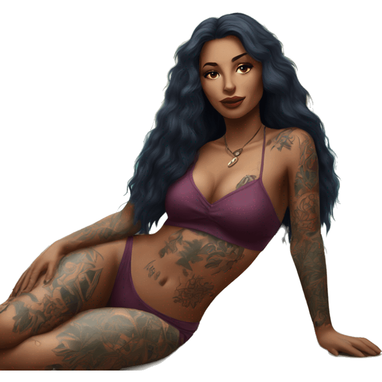 Beautiful tattooed burgundy long haired woman laying on the beach emoji