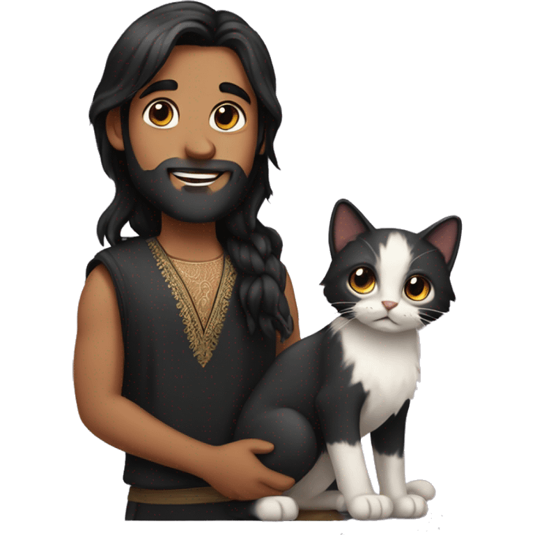 An Indian boy with a beard and long black hair holding A kitten with black ears emoji