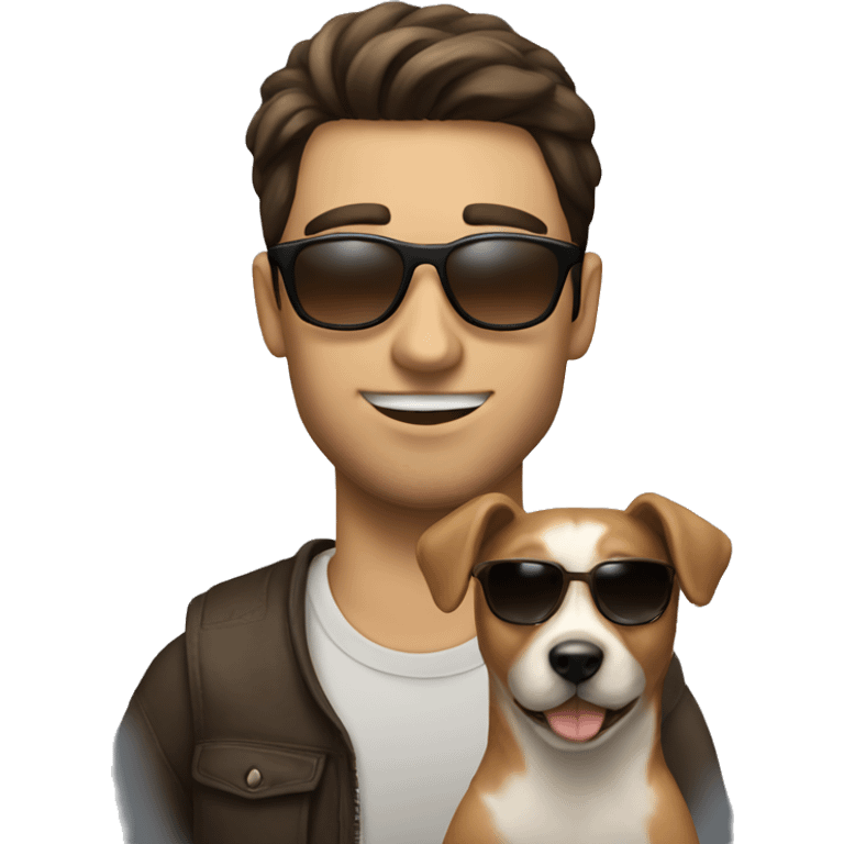 a brunette guy with a sunglasses near to a dog emoji