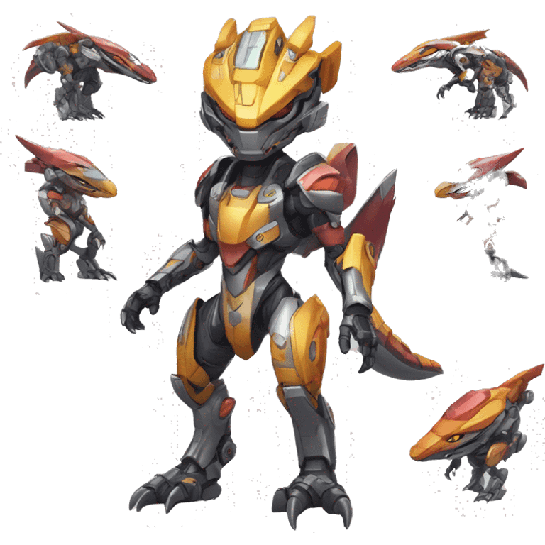 Colorful Edgy Chibi Greymon-Velociraptor-Genesect-Fakémon-Pokémon wearing a with a futuristic visor-helmet And Mecha-suit Full Body emoji