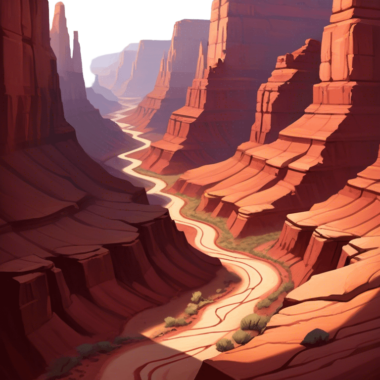 Cinematic Realistic Canyon Emoji, Vast and rugged, with deep red rock formations and winding paths leading down to a dry, dusty floor. Sunlight casts long shadows across the craggy surfaces, highlighting the layers of ancient rock. Soft glowing outline, capturing the essence of dramatic beauty and ancient history in a mighty canyon. emoji