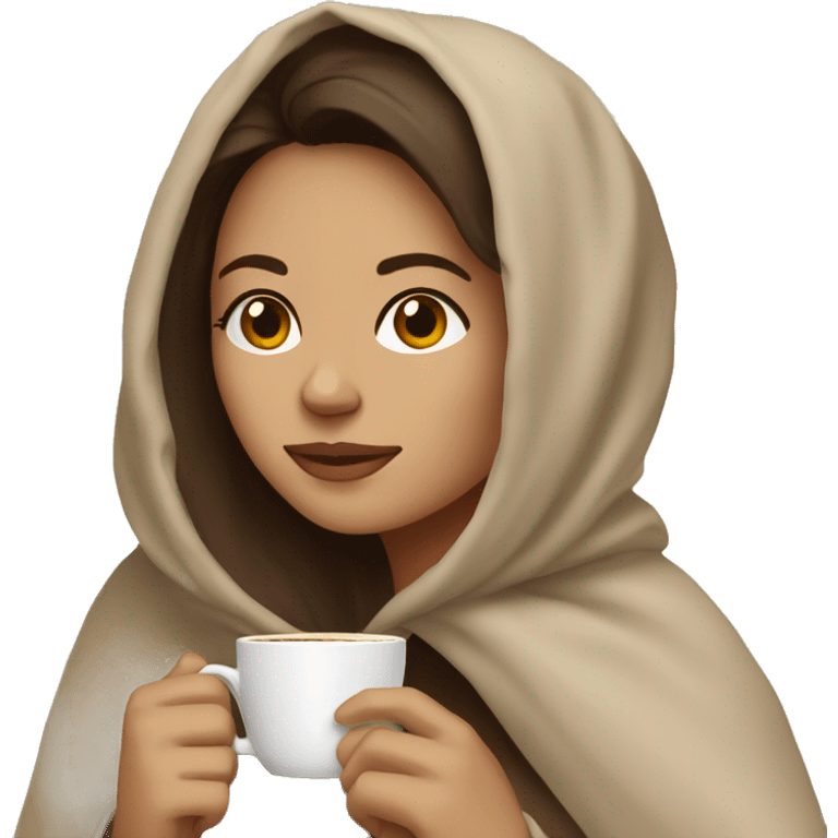 Brunette Drinking coffee wrapped in beige blanket emoji