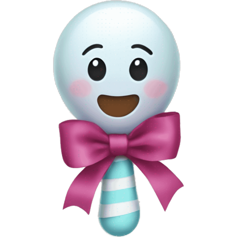 Baby rattle toy with a ribbon wrapped around the middle with no facial features present.  emoji