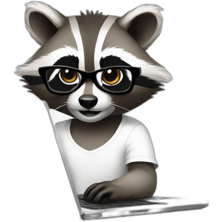 racoon wearing glasses and white tee working on a black laptop emoji