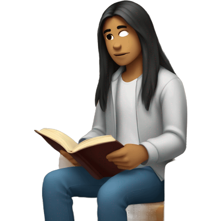 Male Peruvian teen with long straight hair reading a book in a library emoji