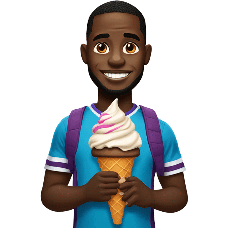 Black guy with Down syndrome wearing Labron James jersey eating icecream emoji