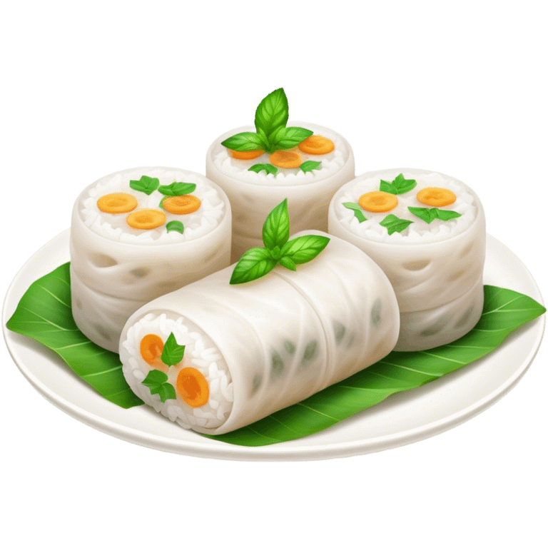 Bánh Cuốn Cinematic Realistic Bánh Cuốn Dish Emoji, depicted as delicate steamed rice rolls garnished with chopped mint on top, rendered with lifelike textures and fresh, vibrant lighting. emoji