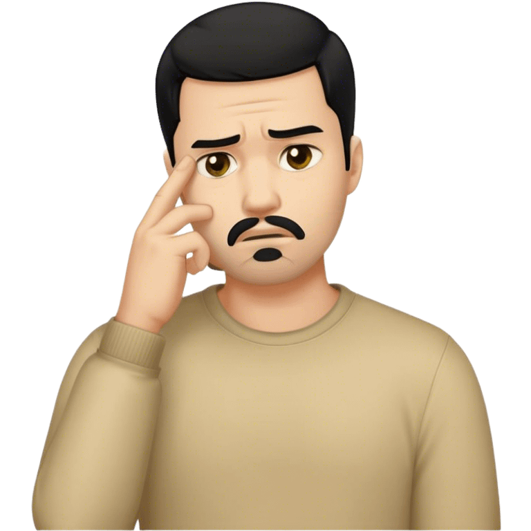 Facepalm emoji with disappointed expression, trimmed beard, medium-length black hair, short sides, hair forward emoji