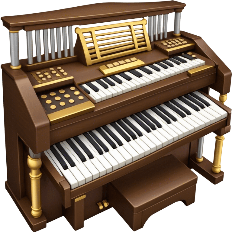 Create an elegant and majestic emoji representing a classical organ. The design should feature the grand pipes of the organ in the background, with visible details of the keys and pedalboard in the foreground. The pipes should be tall and impressive, with a mixture of gold, silver, and metallic shades to emphasize the grandeur of the instrument. The keyboard and pedals should be well-defined, capturing the intricate craftsmanship of the organ. Use dark wood tones and gold accents for the body of the instrument to give it a rich, historic feel. Add subtle musical notes around the organ to evoke its deep, resonant sound. The background should be transparent. emoji