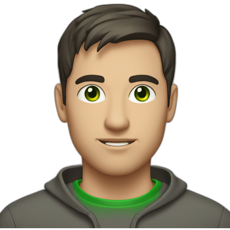 it project manager, 27 yo, man, dark short hair, green eyes, sweatshirt emoji