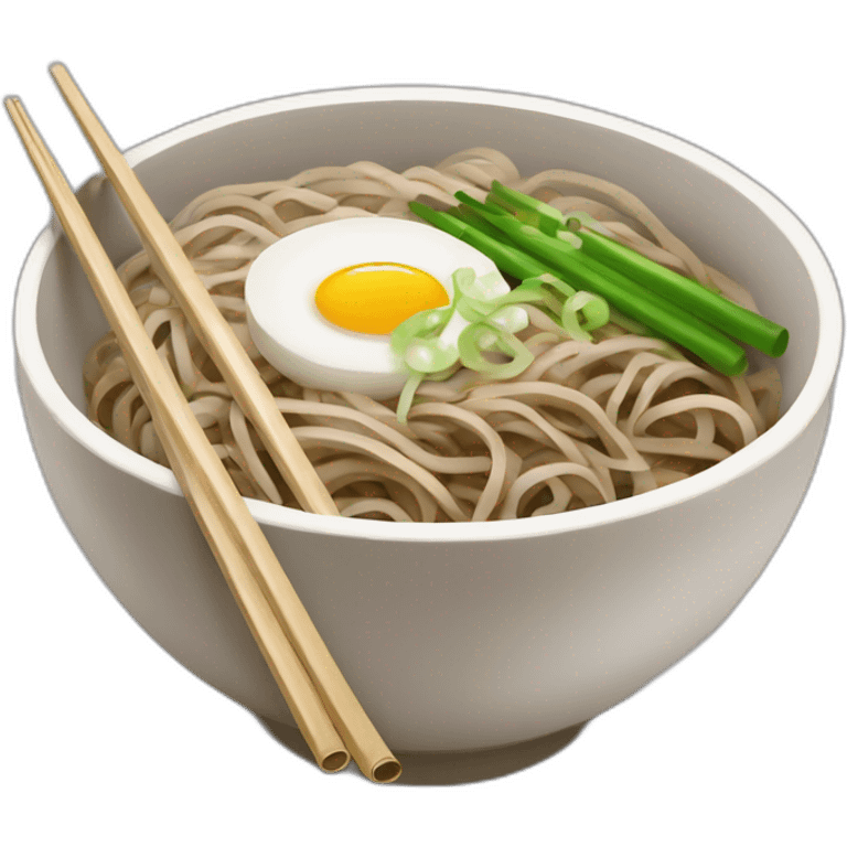 bowl of japanese buckwheat soba noodles with two chopsticks and spring onions emoji