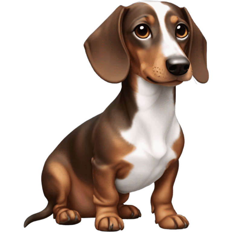 a dachshund, features a smooth coat with a white body patterned with dark brown patches and a brown head shaded with darker tones. With one eye dark brown and the other one blue  emoji