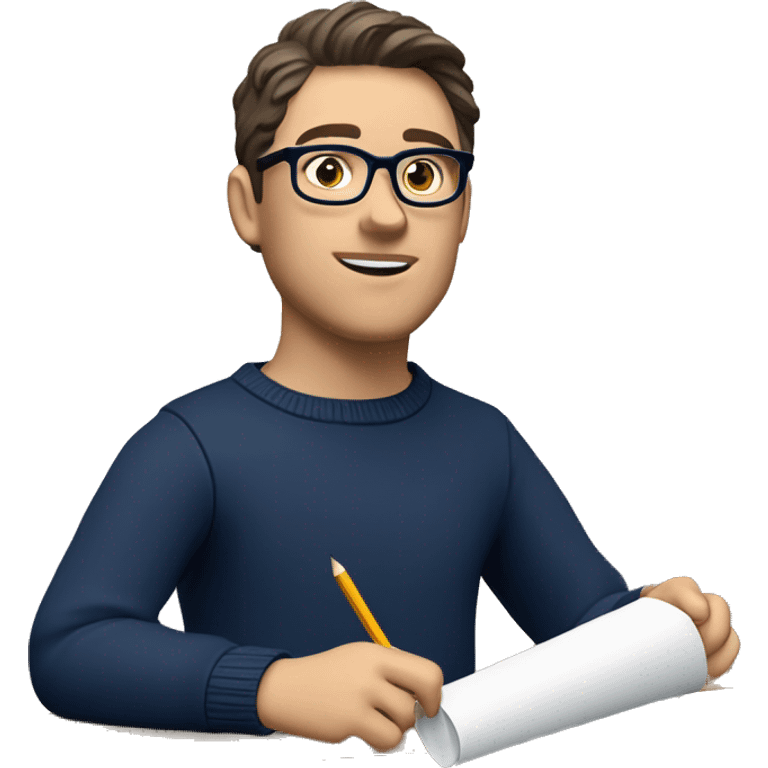 caucasian white boy with dark wavy  hair, blue glasses, and carrying design paper plan because he is an architect carrying a pencil and a set model maquette. wearing a navy blue long sleeve sweater shirt. smart.  emoji