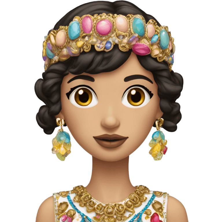 Dolce and Gabbana Italian model with dark hair and headband with colourful pastel ornament and golden detais  emoji