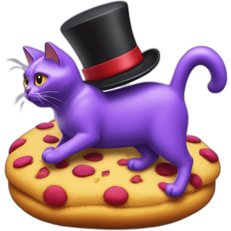 Cat with a top hat riding a purple cat riding a red cat riding a yellow cat riding a giant cookie emoji