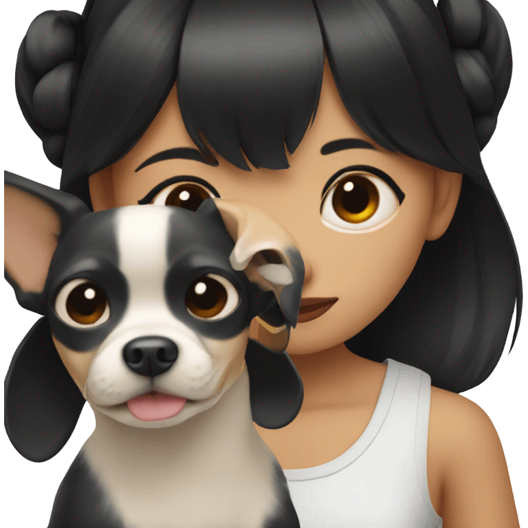 Short black hair Filipino girl with Chihuahua black and white. emoji