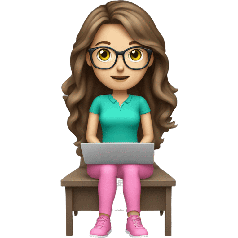 Female coding teacher with a laptop, with long brunette hair, green eyes, fair skin, teal eye glasses and a pink feminine shirt emoji