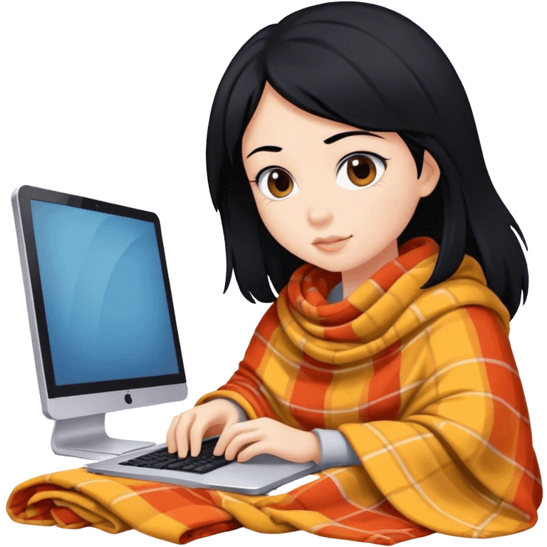 Girl with black hair in a blanket working over a computer emoji