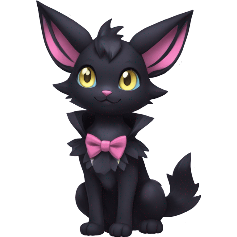 Shiny Dark Cool Edgy Black beautiful ethereal fantasy Kawaii Sona Umbreon-Noibat-Litten-Fakemon-cat-animal with edgy bat-ears bow tie black mane vtuber model Full Body emoji