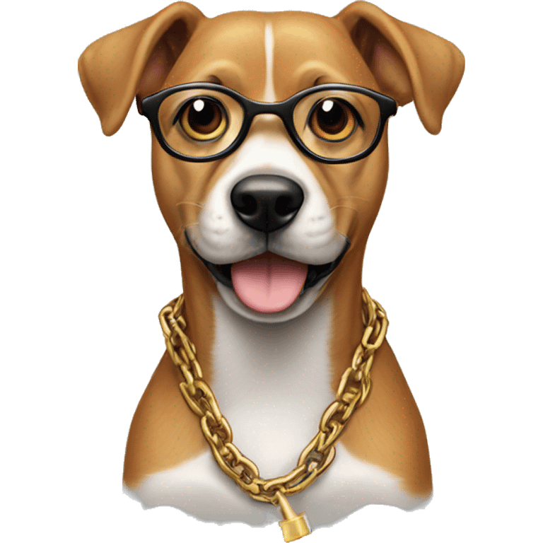 A dog wearing specs and cigarette in mouth with chain in neck emoji