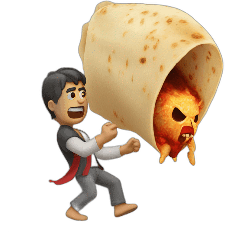 A man fighting a demon with a burrito emoji