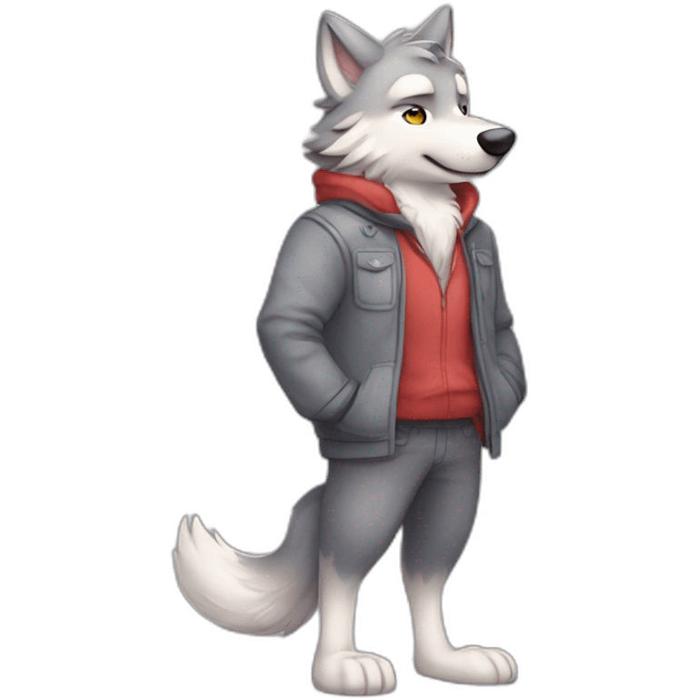 An full body furry anthropomorphic grey wolf in love rosy cheeks. Anthro emoji