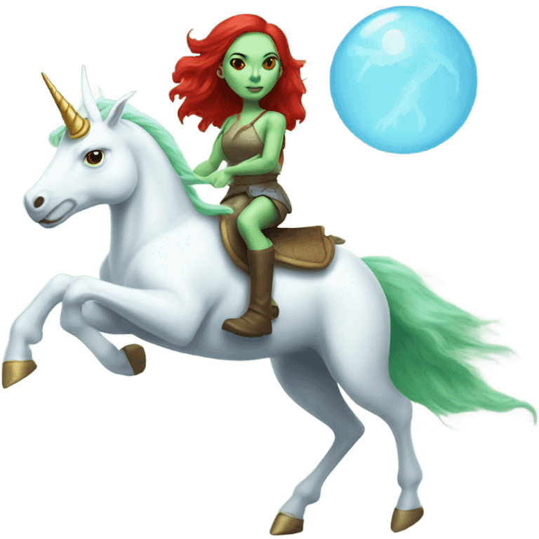 [politically incorrect
	{ woman: alien, color: light green, hair:red, eyes:cat} ]
	on a 
	[{ unicorn: white, legged:four, mane: light blue }] emoji