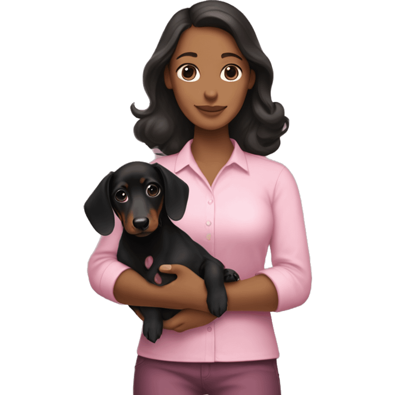 a brunette woman in a pink shirt, with white skin, holding black dachshund puppy in her arms lovingly emoji