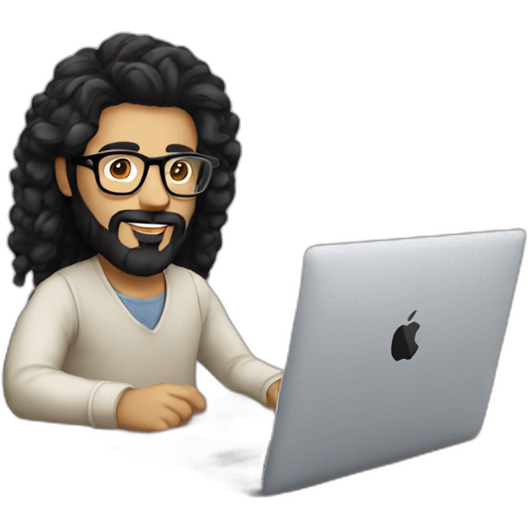 Designer with black hair, beard and glasses working with MacBook and drinking cappuccino  emoji