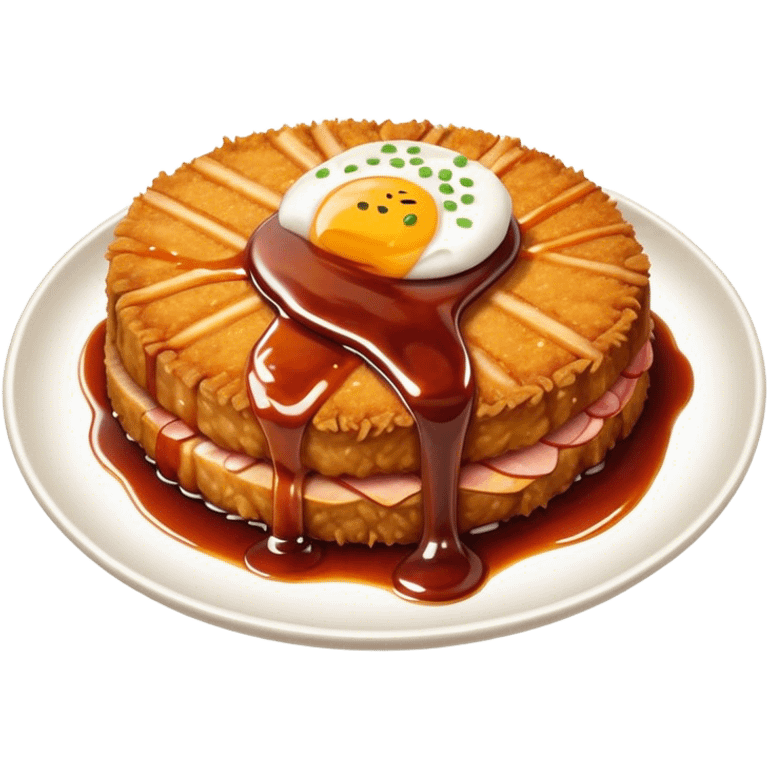 Tonkatsu Cinematic Realistic Tonkatsu Dish Emoji, depicted as a golden, crispy pork cutlet drizzled with tangy BBQ sauce, rendered with detailed textures and dynamic, appetizing lighting. emoji