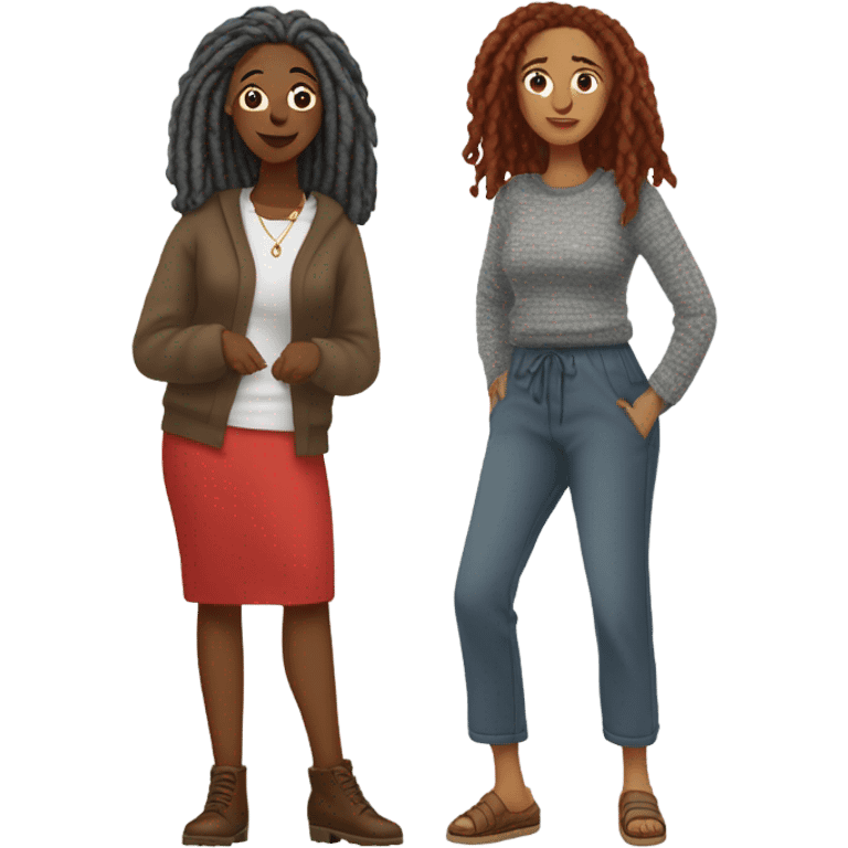 One woman with gray locs wearing pants , other woman is brown with red locs in a knee-length dress with a cozy sweater, shopping in yardsale emoji