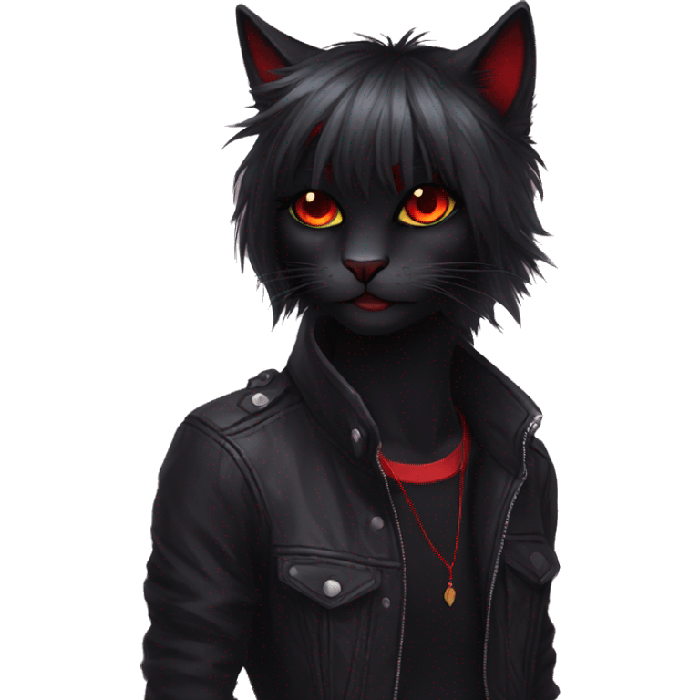 Anthro Edgy Cool Beautiful Black Cat-Fursona with Emo Hair-bangs with Red Streaks emoji