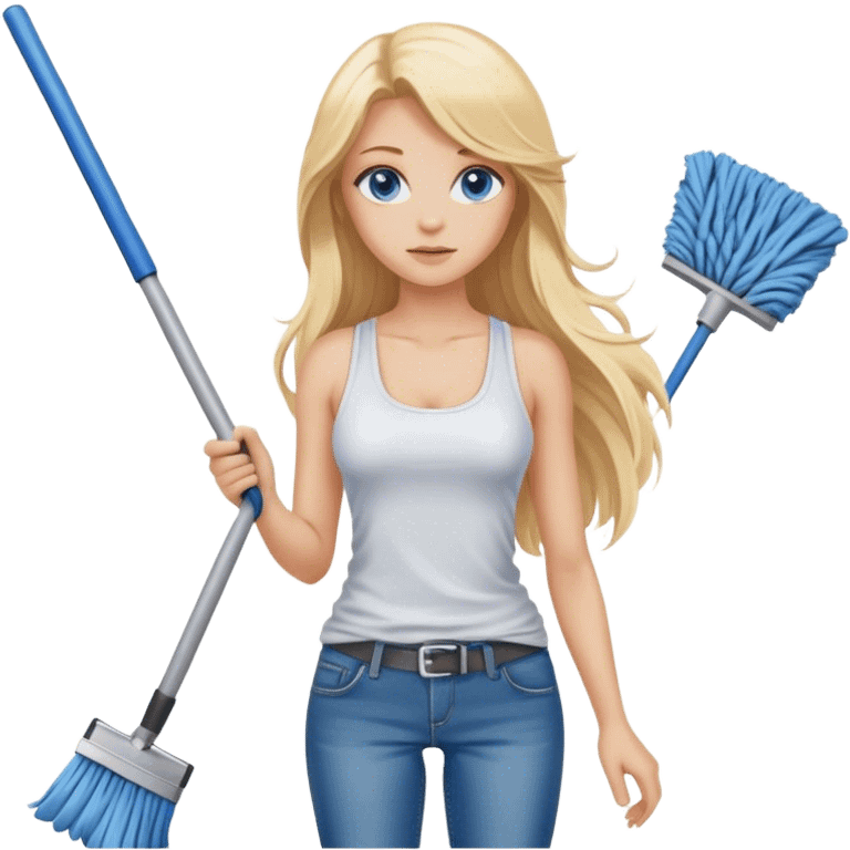 Cinematic realistic blonde with long hair and blue eyes, dressed in jeans and a tank top, holding a mop in her hands emoji