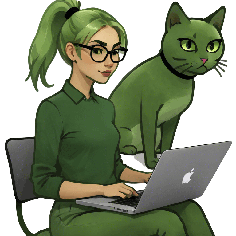 Blonde girl ponytail green eyes with macBook and a cat emoji