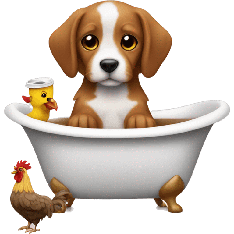 puppy with coffe in a bath with a chicken emoji