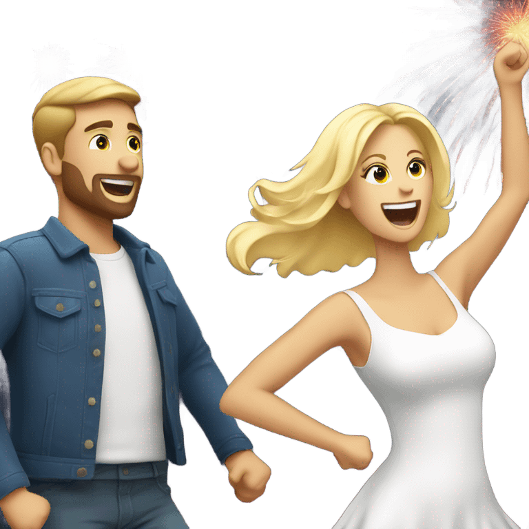 A White man and a blonde woman dansing with a fireworks by night emoji