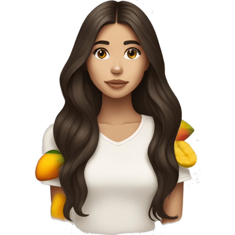 brunette, long haired, brown eyed, madison beer wearing Aritzia and holding a yuzu and mango emoji