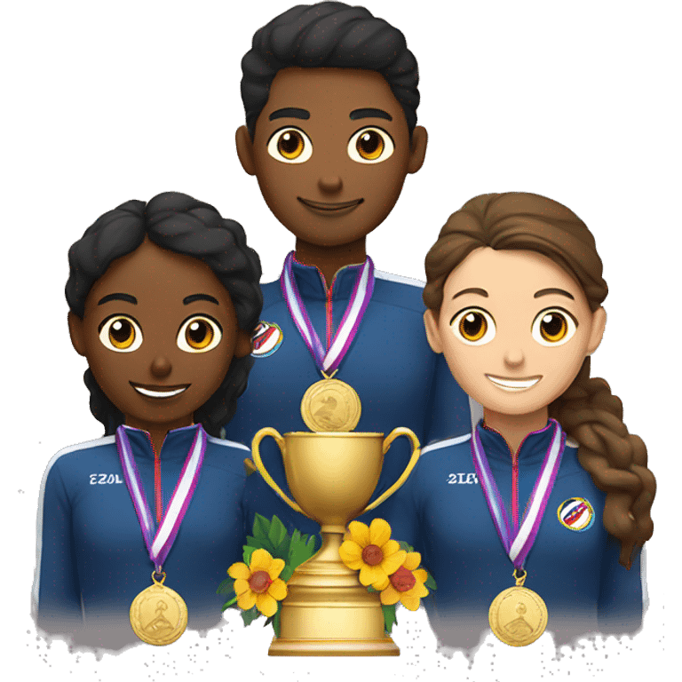 
pedestal with athletes who have medals hanging on their chests and flowers in their hands emoji