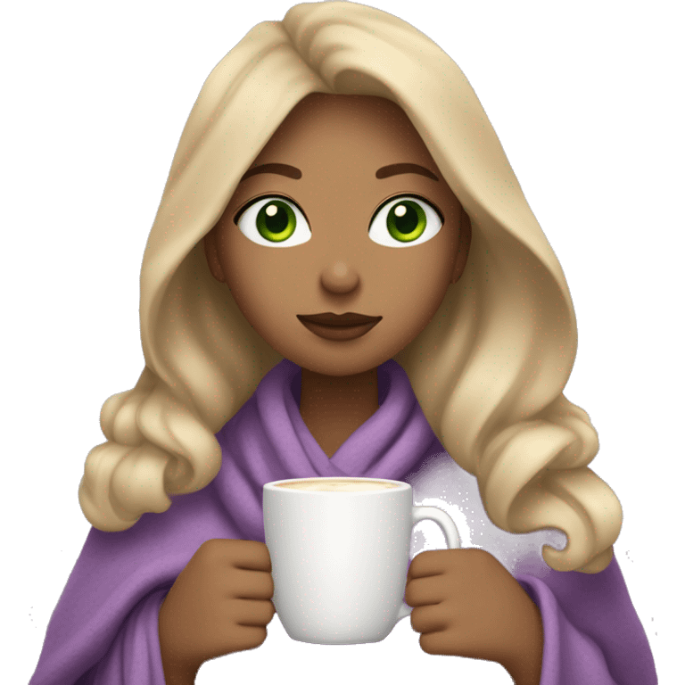 A girl that dark honey blonde hair, green eyes, and is wearing a lilac shirt while wrapped in a cozy blanket sipping a latte emoji