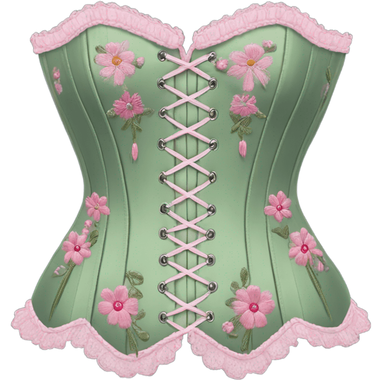 Sage green corset with flower embroidery and pink bows, isolated emoji