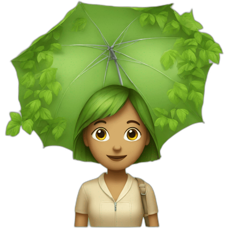 A girl, an umbrella made of leaves emoji