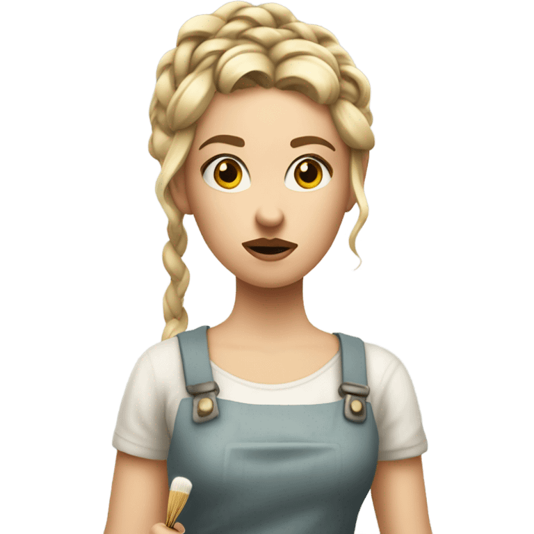 "A young woman with braided blond hair, fair skin, and a lively but slightly worried expression. She wears a simple dress, holding a brush with wite paint dripping from it." emoji