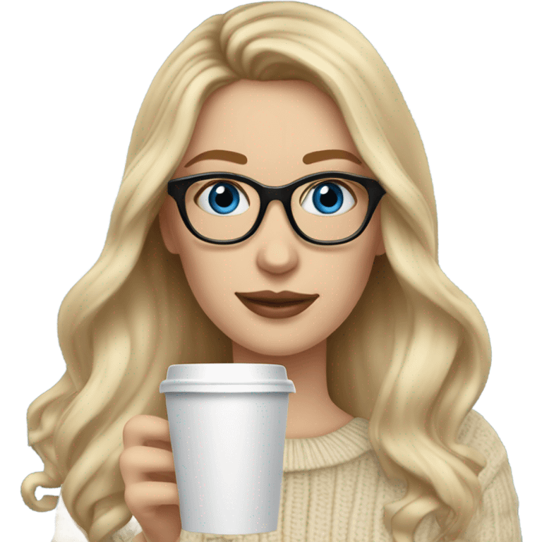 Blonde balayage long hair white women beige sweater blue eyes and small glasses holding coffee emoji