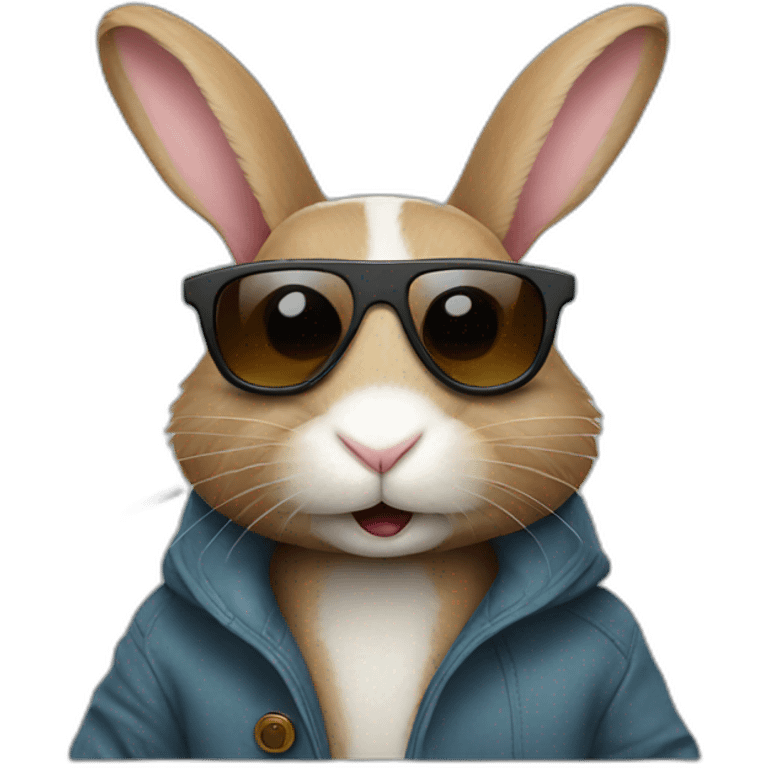 Rabbit with sunglasses and wearing a coat with rabbit in his mouth emoji