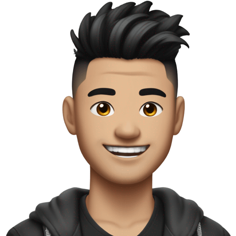 Hot East Asian man with a fluffy low taper fade with texture, a nice smile and dimples, a neck tattoo, an eyebrow piercing on the right eyebrow and ear piercings  emoji