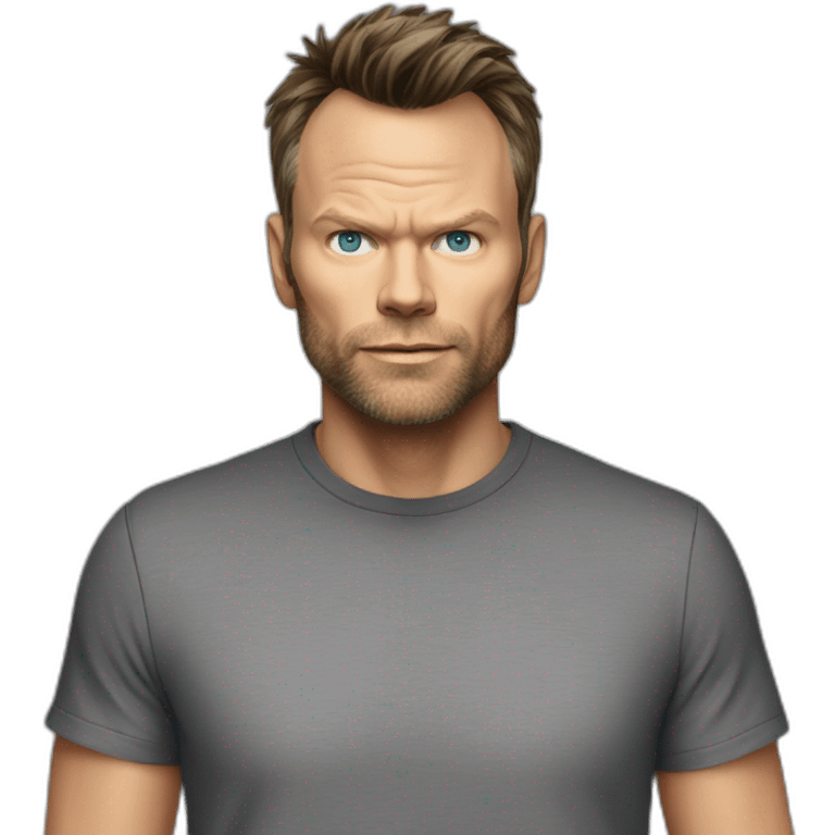 Joel McHale black t-shirt gray eyes emoji