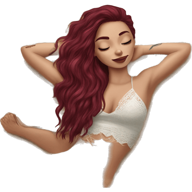 Beautiful tattooed burgundy long haired woman laying on the beach emoji