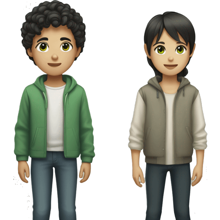 asian boy with short curly hair and brown eyes holding hand of girl with green eyes and dark long straight hair emoji